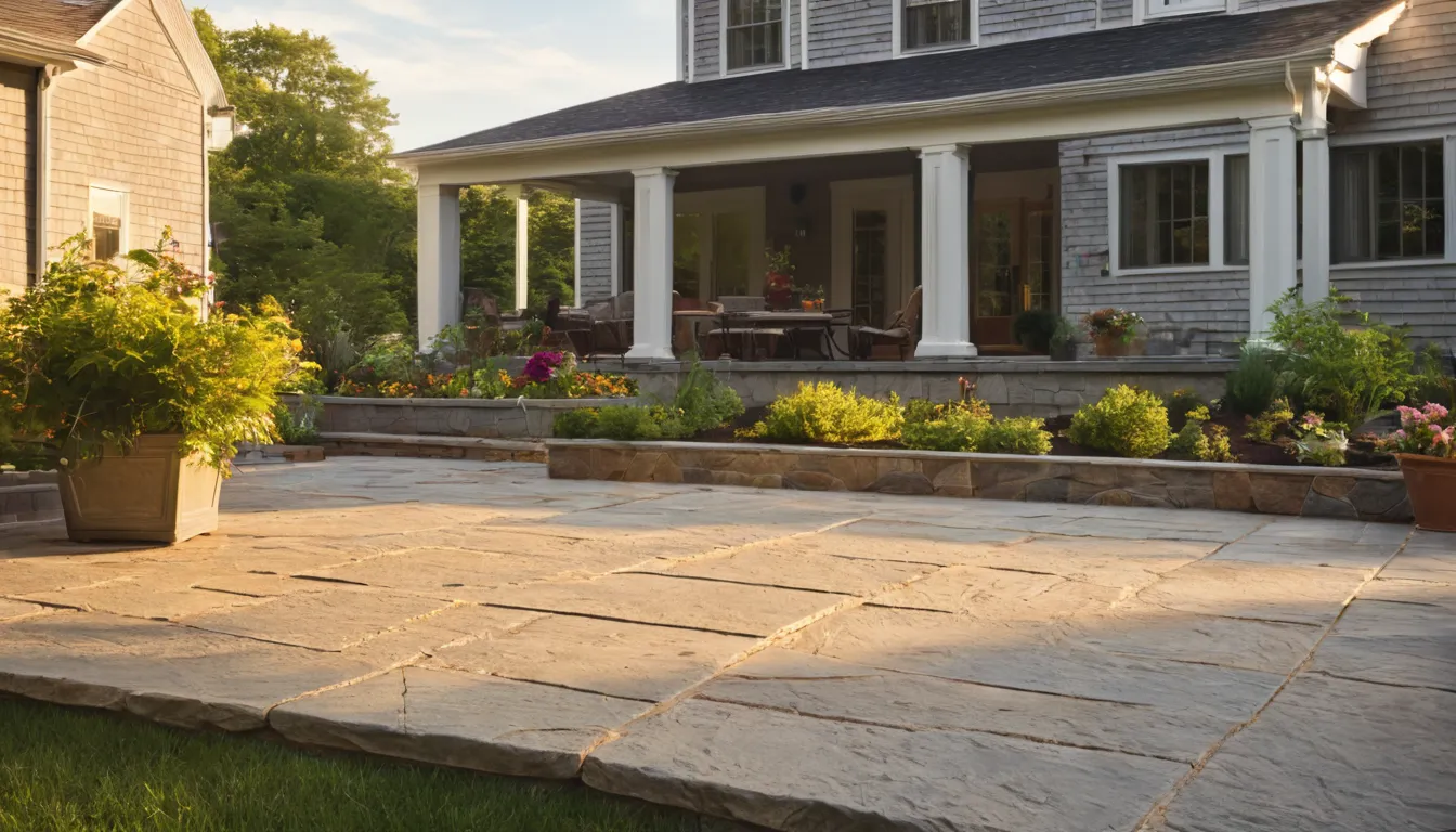 A stamped concrete patio behind a home in Hammonton